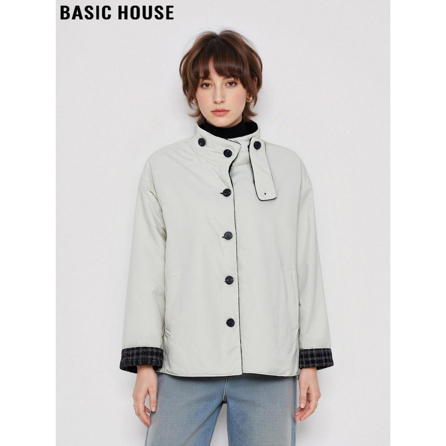 百家好简约米色立领加厚棉服外套