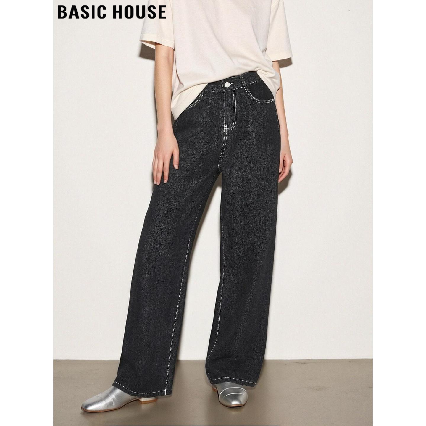 Basic House/百家好黑色阔腿牛仔裤女2026春季新款宽松直筒拖地裤