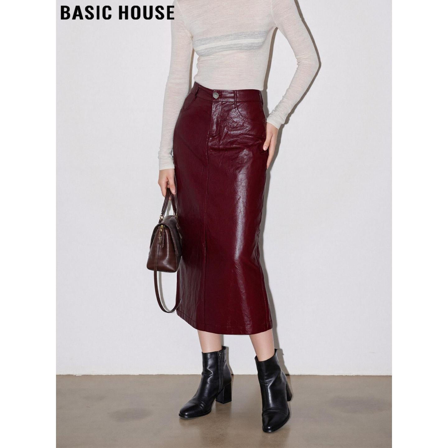 Basic House/百家好PU皮裙半身裙女秋冬高腰中长款包臀直筒一步裙