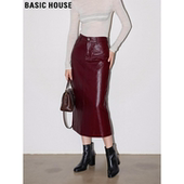 Basic 包臀直筒一步裙 高腰中长款 House 百家好PU皮裙半身裙女冬季