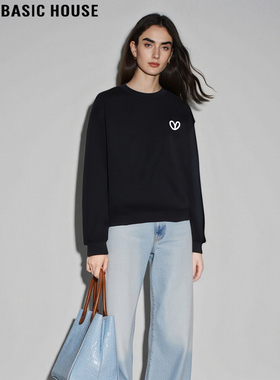 Basic House/百家好黑色圆领加绒卫衣女2025冬季新款套头宽松上衣