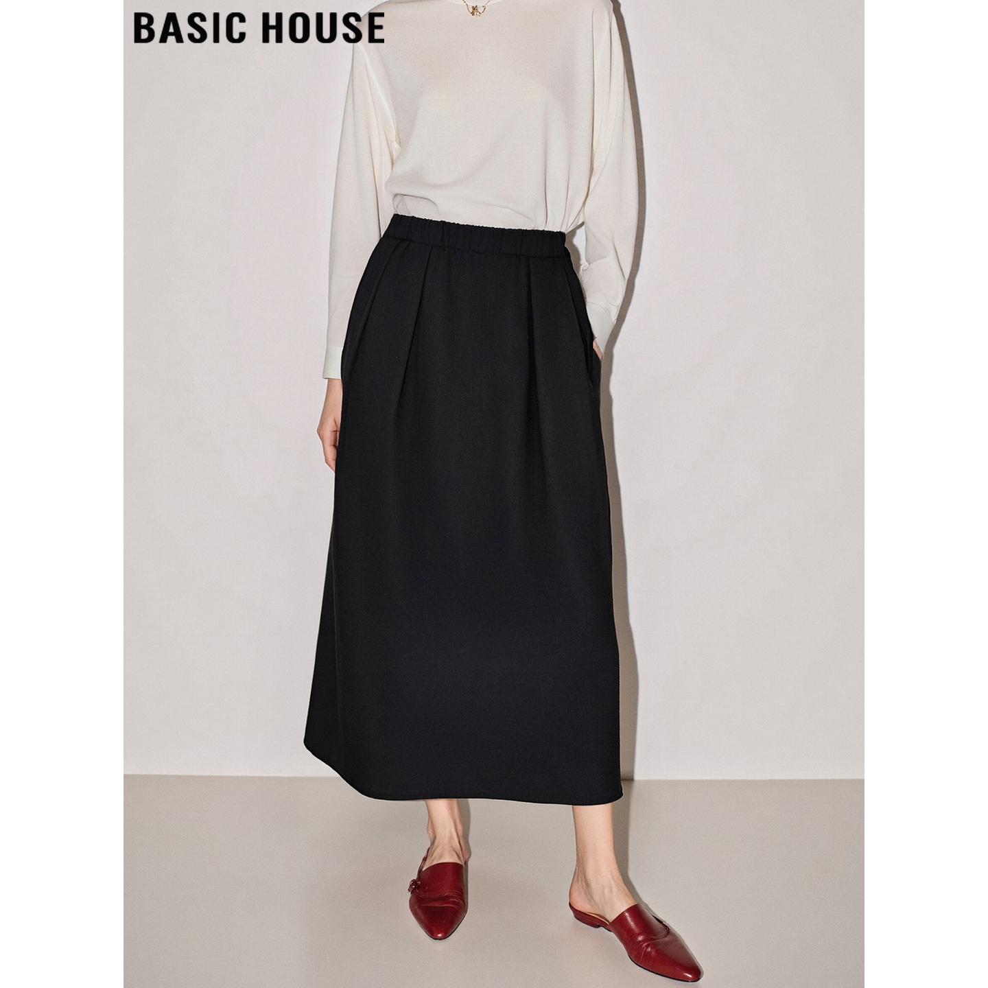 Basic House/百家好黑色羊毛半身裙女2026春季新款高腰遮胯A字裙,女装/女士精品,半身裙,淘宝优惠券,粉丝福利购,淘宝优惠卷