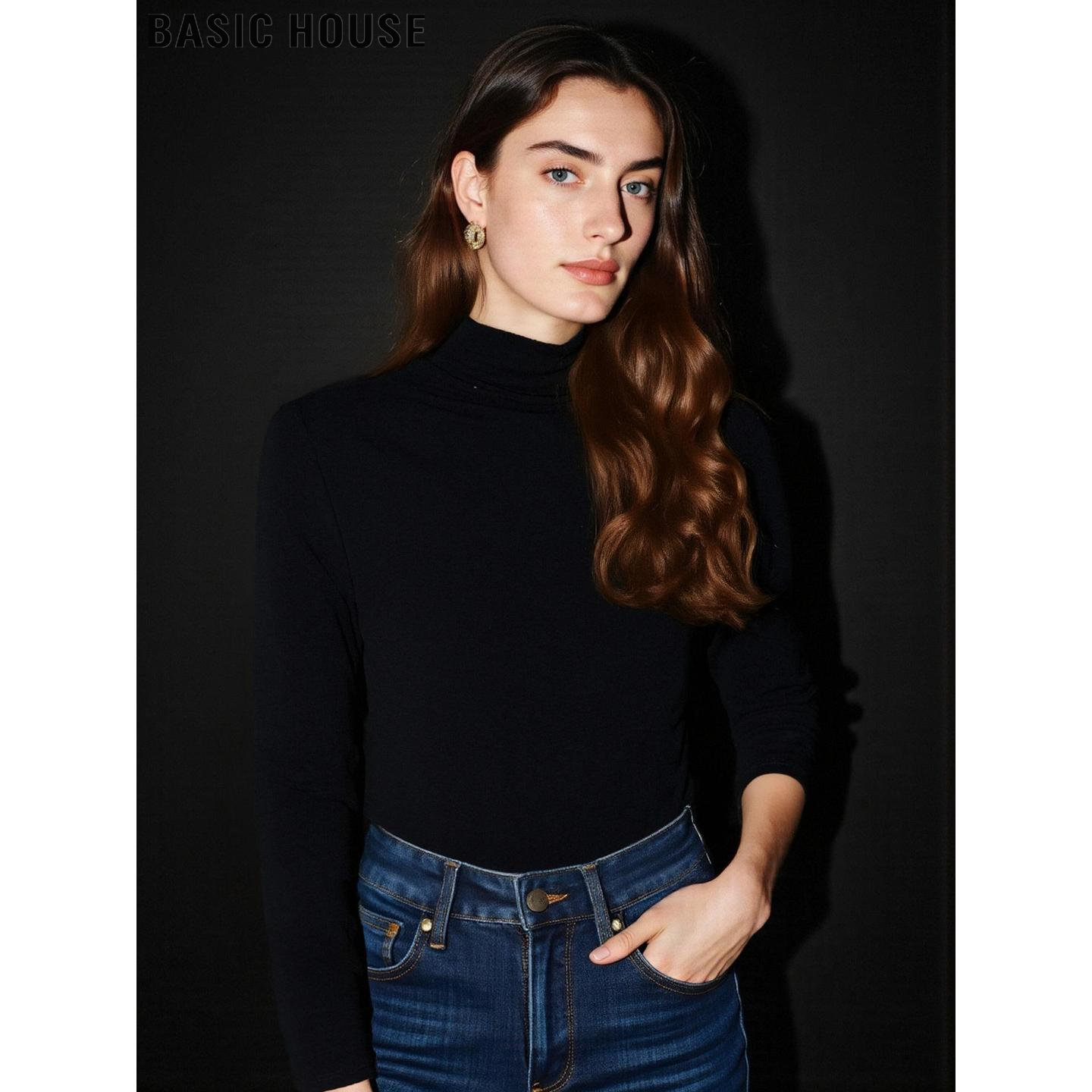 百家好基础款黑色半高领针织衫女