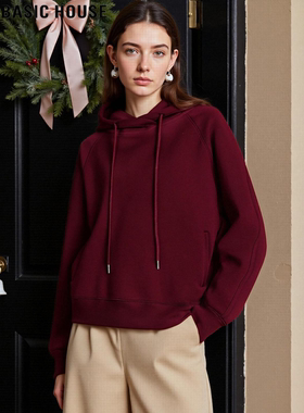Basic House/百家好红色连帽卫衣女2026春季新款宽松慵懒休闲外套