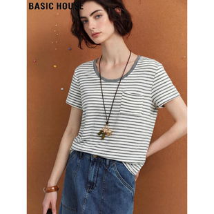 T恤女夏季 百家好天丝条纹短袖 通勤风圆领含亚麻上衣 House Basic