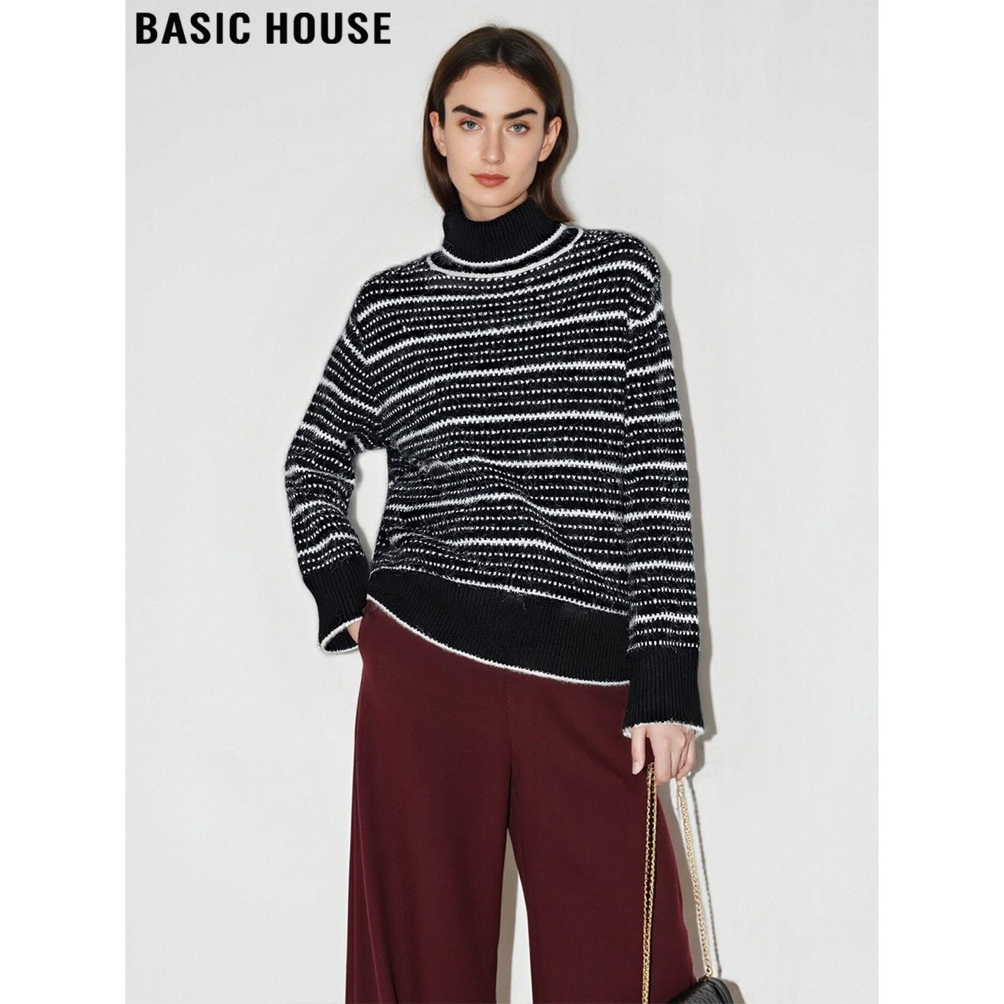 百家好软糯含羊毛高领条纹毛衣女