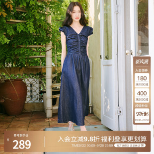 泡泡袖 Basic 褶皱V领牛仔连衣裙女2025夏季 百家好法式 裙子 House