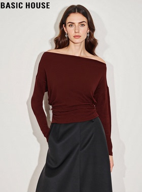 Basic House/百家好红色一字肩T恤女2026春季新款优雅修身打底衫