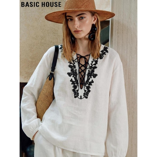 House 薄款 百家好度假风刺绣绑带白衬衫 新款 上衣 女2026春季 Basic