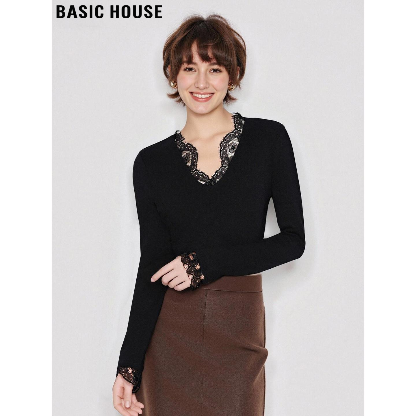 Basic House/百家好黑色蕾丝花边针织衫女士2026春季新款修身上衣,女装/女士精品,T恤,淘宝优惠券,粉丝福利购,淘宝优惠卷