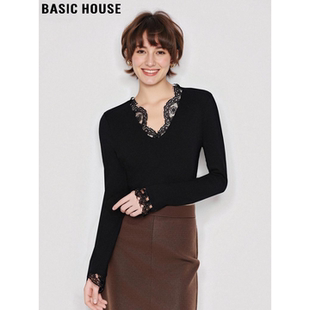 House 修身 百家好黑色蕾丝花边针织衫 新款 上衣 女士2026春季 Basic