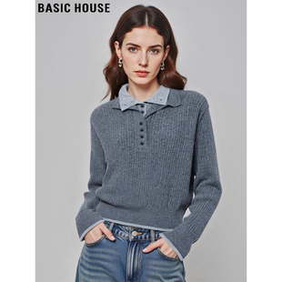 Basic House/百家好灰色假两件针织衫女2026春季100%羊毛软糯毛衣