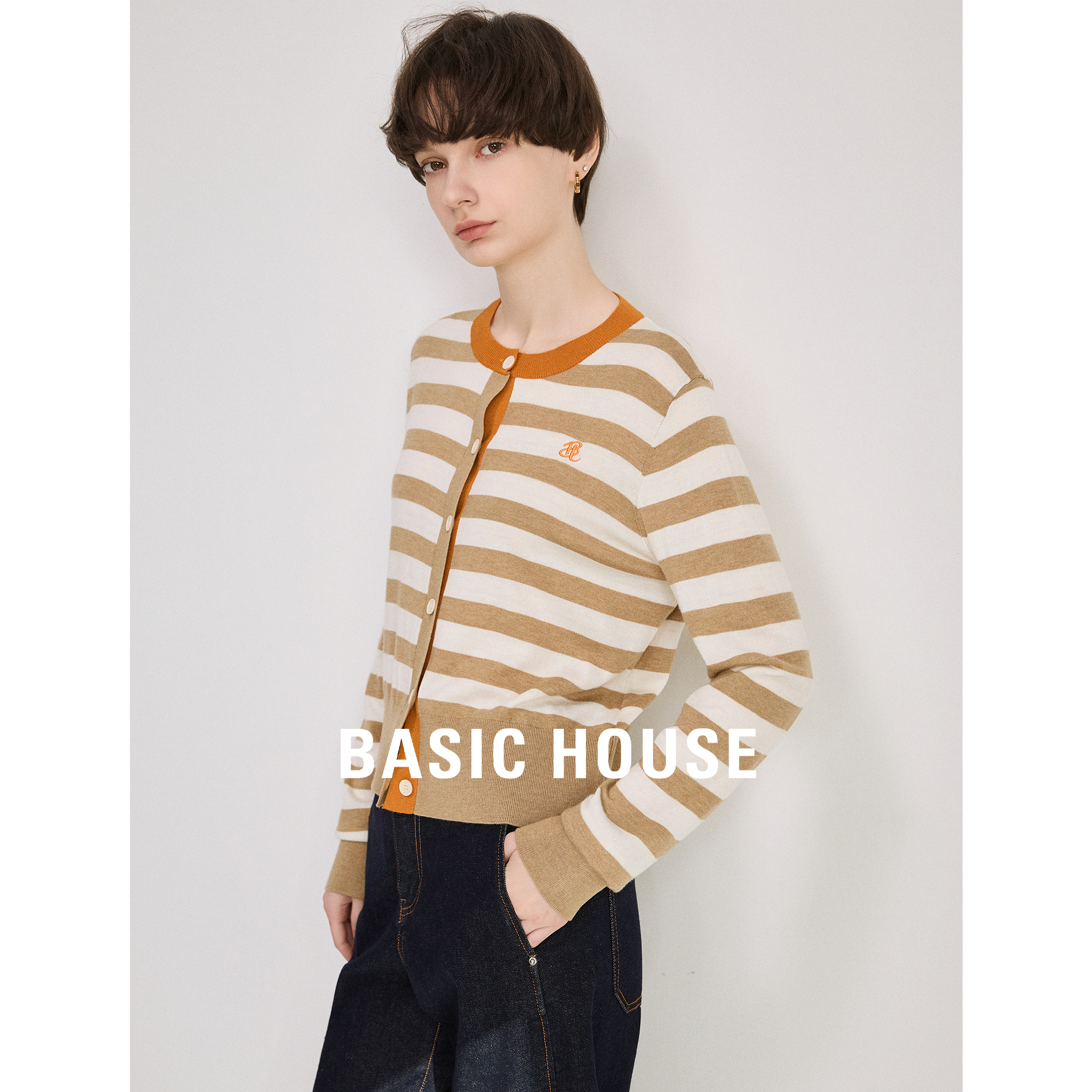 Basic House/百家好复古条纹针织开衫女2024春季新款圆领羊毛