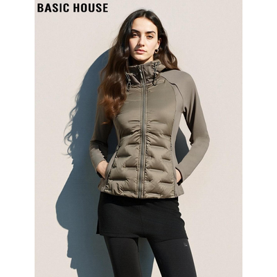 百家好90鹅绒卡其绿连帽羽绒服女