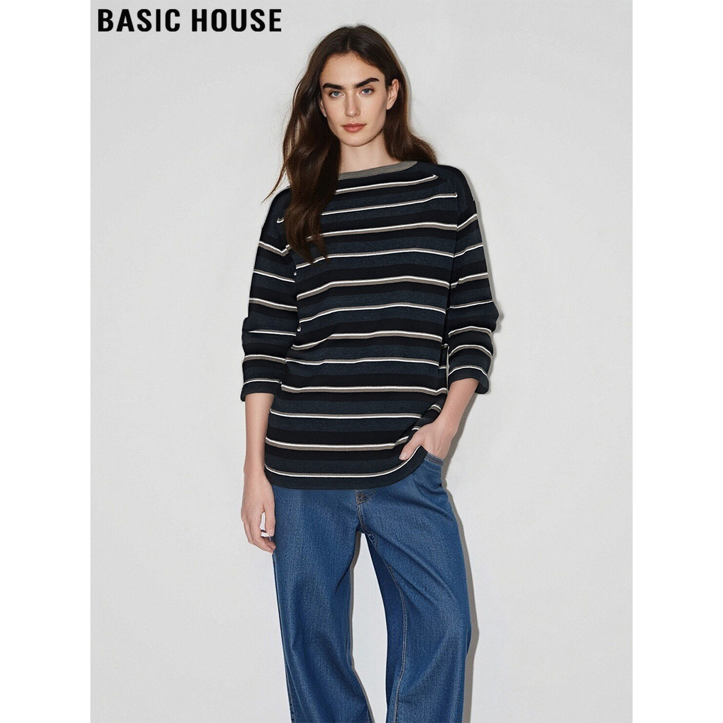 百家好慵懒风软糯条纹毛衣女圆领