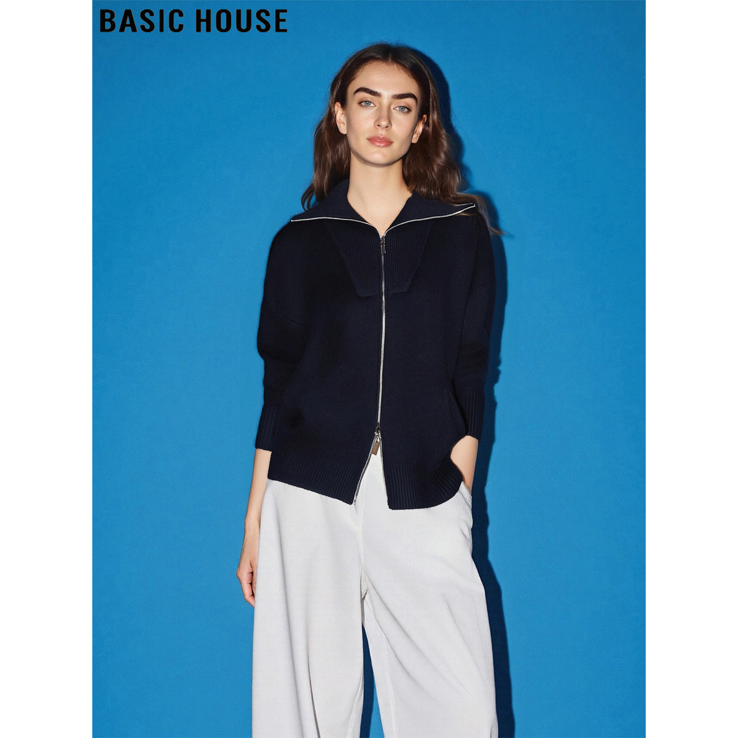 百家好藏蓝色双拉链毛衣外套针织