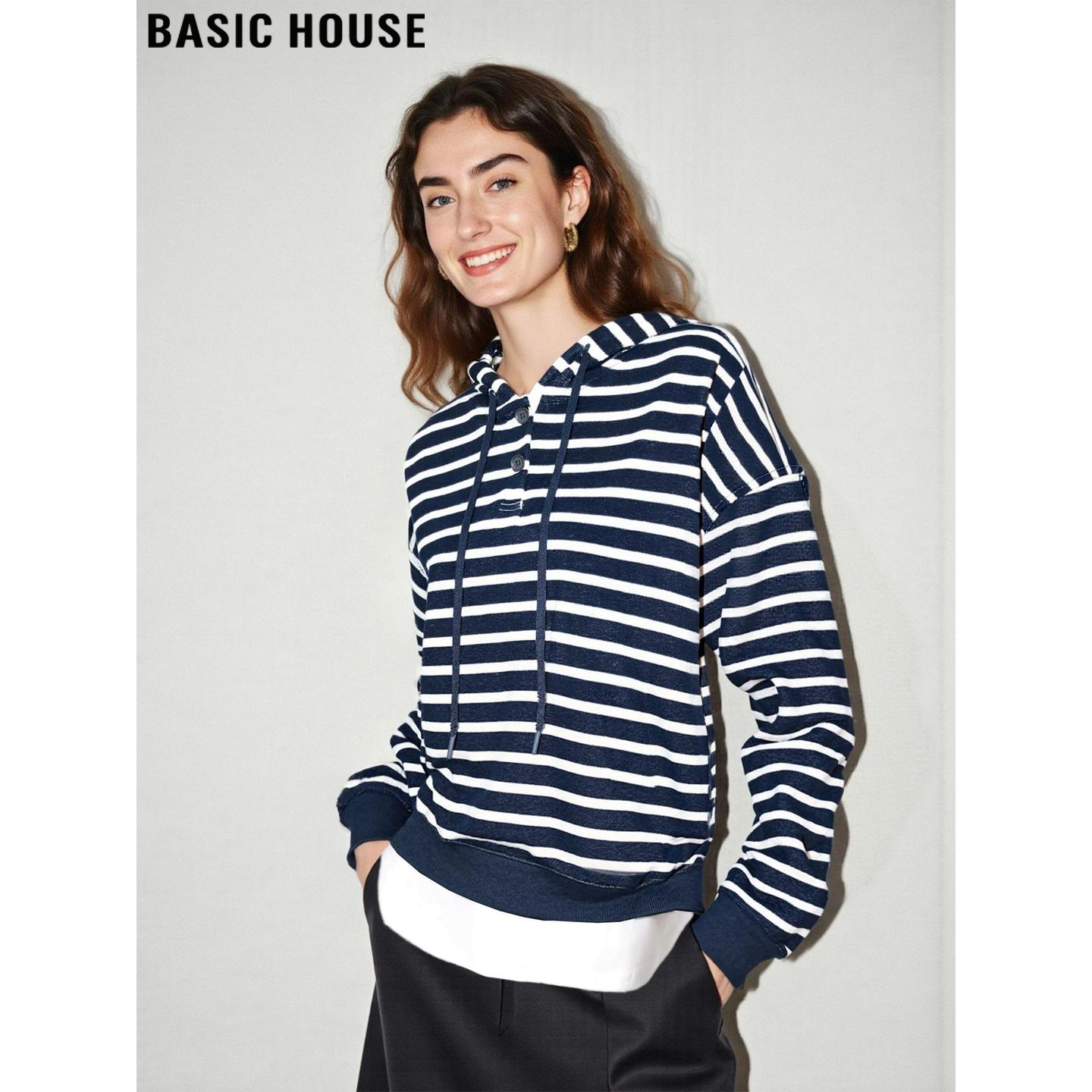 百家好美式慵懒风条纹连帽卫衣女