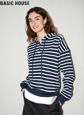Basic House/百家好美式慵懒风条纹连帽卫衣女秋冬纽扣半开领上衣