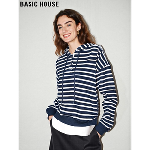 Basic House/百家好美式慵懒风条纹连帽卫衣女冬季纽扣半开领上衣