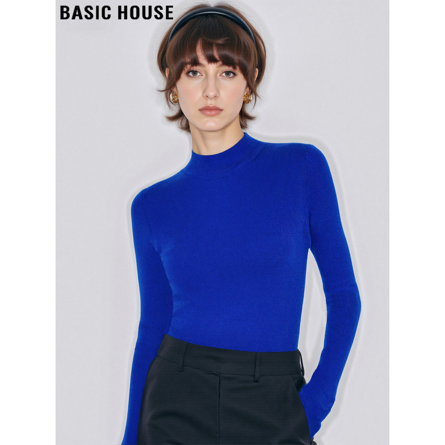 百家好宝蓝色半高领打底针织衫女