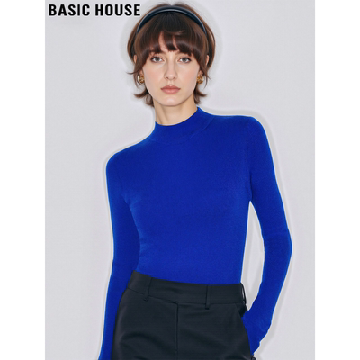 百家好宝蓝色半高领打底针织衫女