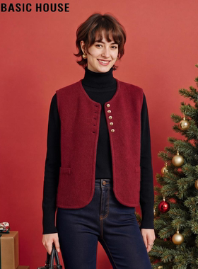 Basic House/百家好新年红色马夹外套女2026春季新款无袖坎肩马甲
