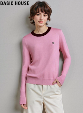 Basic House/百家好粉色圆领针织衫女冬季含羊毛修身软糯打底毛衣