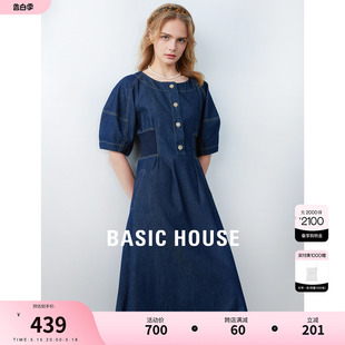 新款 Basic 百家好高腰大摆A字裙夏季 牛仔连衣裙 House 泡泡袖