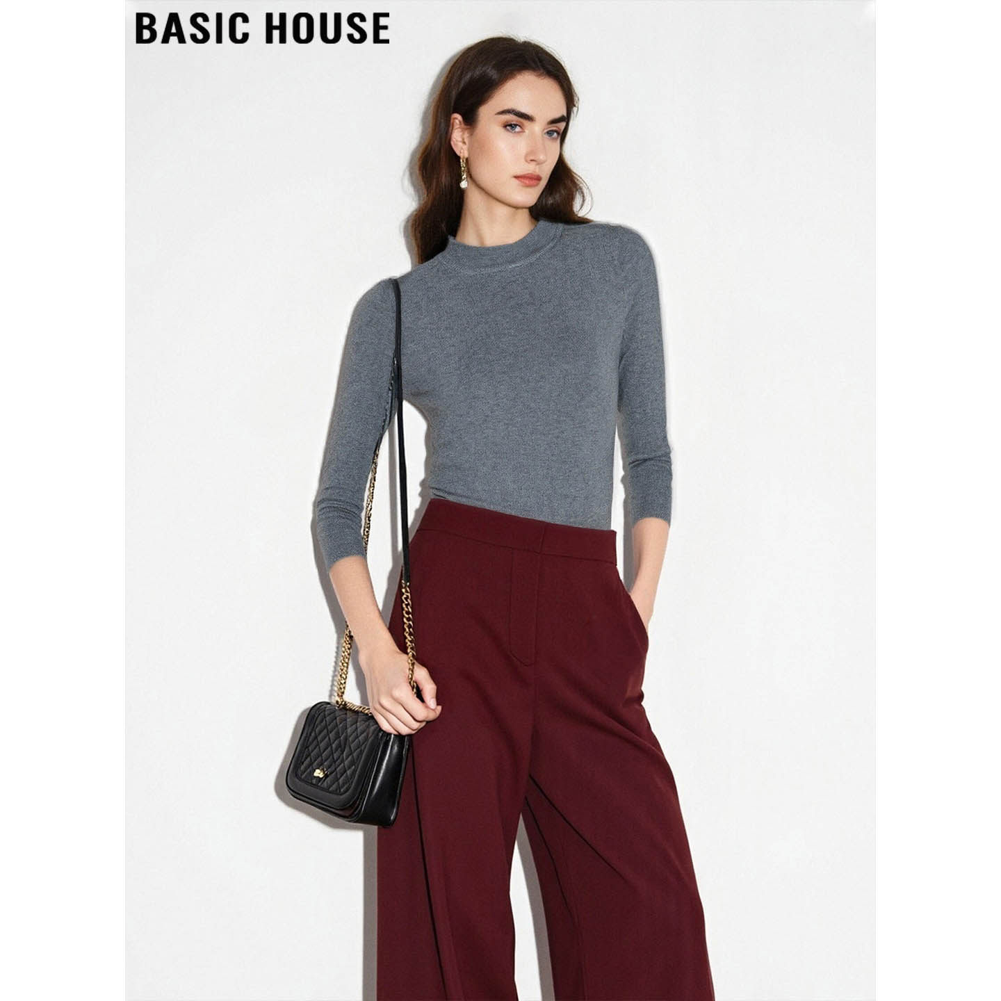 百家好半高领灰色针织打底衫女