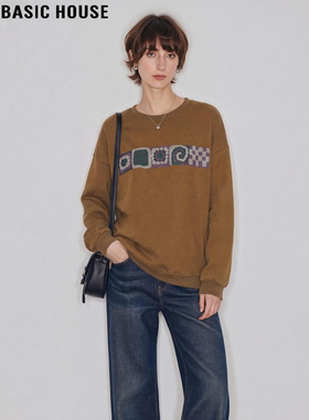 Basic House/百家好黄色印花圆领卫衣女2026春季新款宽松纯棉上衣