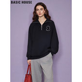 Basic 慵懒风宽松上衣 黑色翻领半拉链卫衣女冬季 House 百家好美式