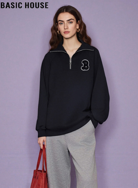 Basic House/百家好美式黑色翻领半拉链卫衣女秋冬慵懒风宽松上衣