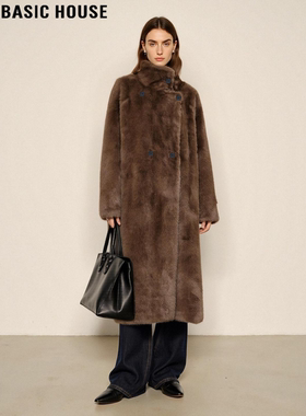 Basic House/百家好美拉德咖色长款毛毛外套女冬季轻奢仿皮草大衣