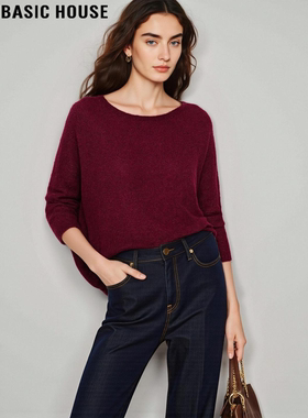 Basic House/百家好红色羊毛针织衫女士冬季修身软糯圆领打底毛衣