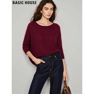 Basic House/百家好红色羊毛针织衫女士冬季修身软糯圆领打底毛衣