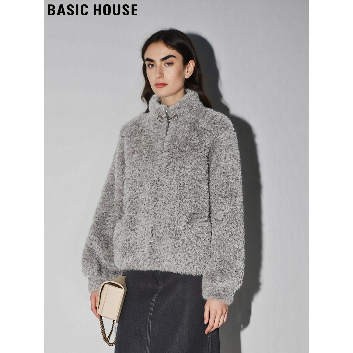 灰色短款保暖立领毛毛外套女