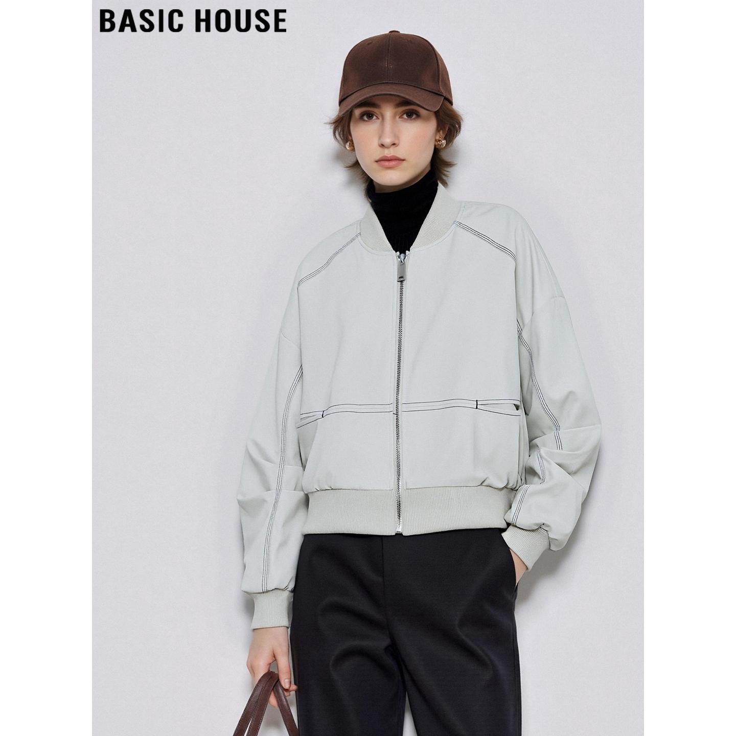 Basic House/百家好米白色明线棒球服女冬季加厚保暖短款工装夹克