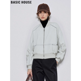 Basic House/百家好米白色明线棒球服女冬季加厚保暖短款工装夹克