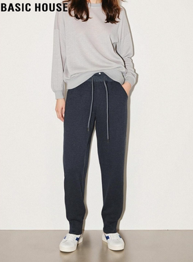 Basic House/百家好灰色加绒哈伦运动裤女士秋冬高腰加厚束脚卫裤