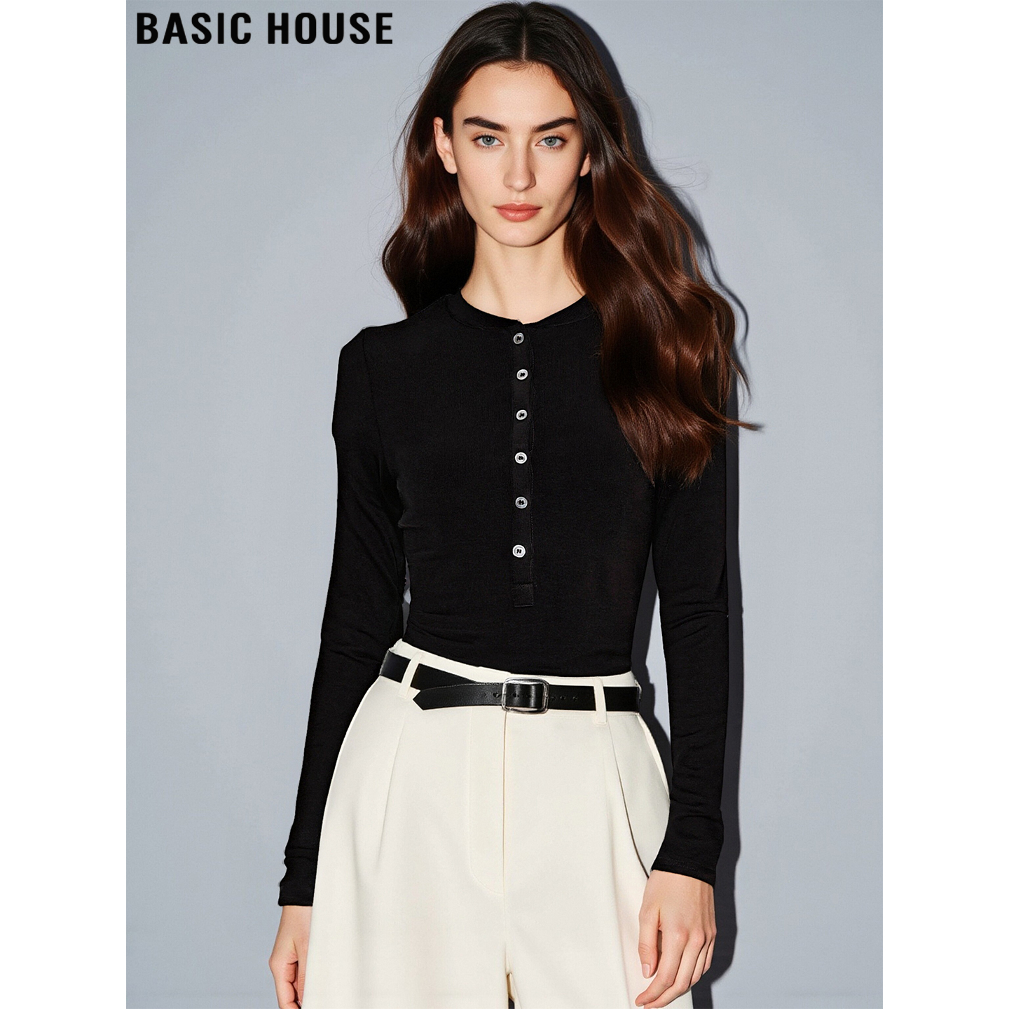 百家好高级感黑色圆领长袖T恤女