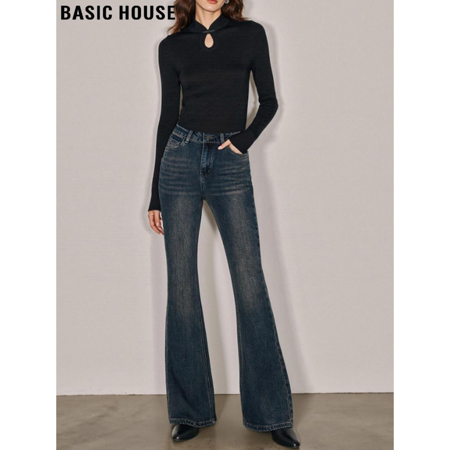 百家好复古高腰修身微喇牛仔裤女