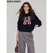 百家好藏青色圆领卫衣女士2025冬季 Basic House 字母印花宽松外套