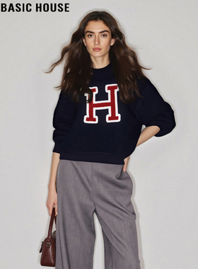 Basic House/百家好藏青色圆领卫衣女2025秋冬季字母印花宽松外套