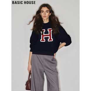 Basic House/百家好藏青色圆领卫衣女士2025冬季字母印花宽松外套