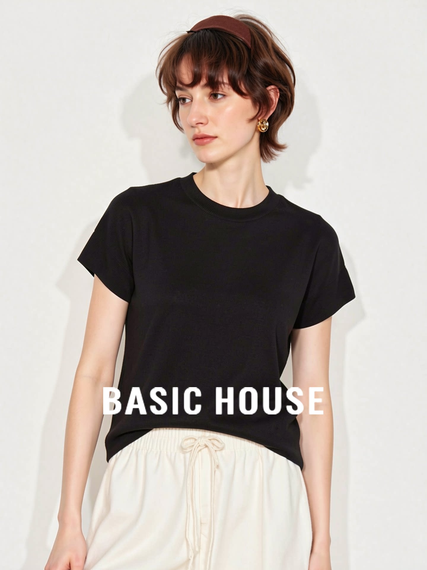 Basic House/百家好黑色圆领短袖针织衫女秋季休闲修身百搭套头衫