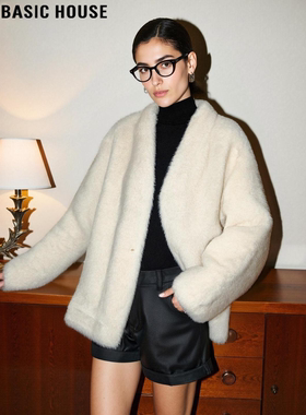 Basic House/百家好白色加厚环保皮草女冬季高级感轻奢毛茸茸外套