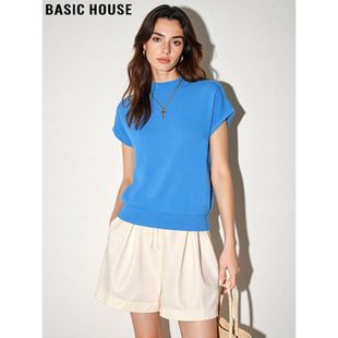 女士夏季 百家好蓝色冰丝半高领针织短袖 通勤百搭T恤 House Basic