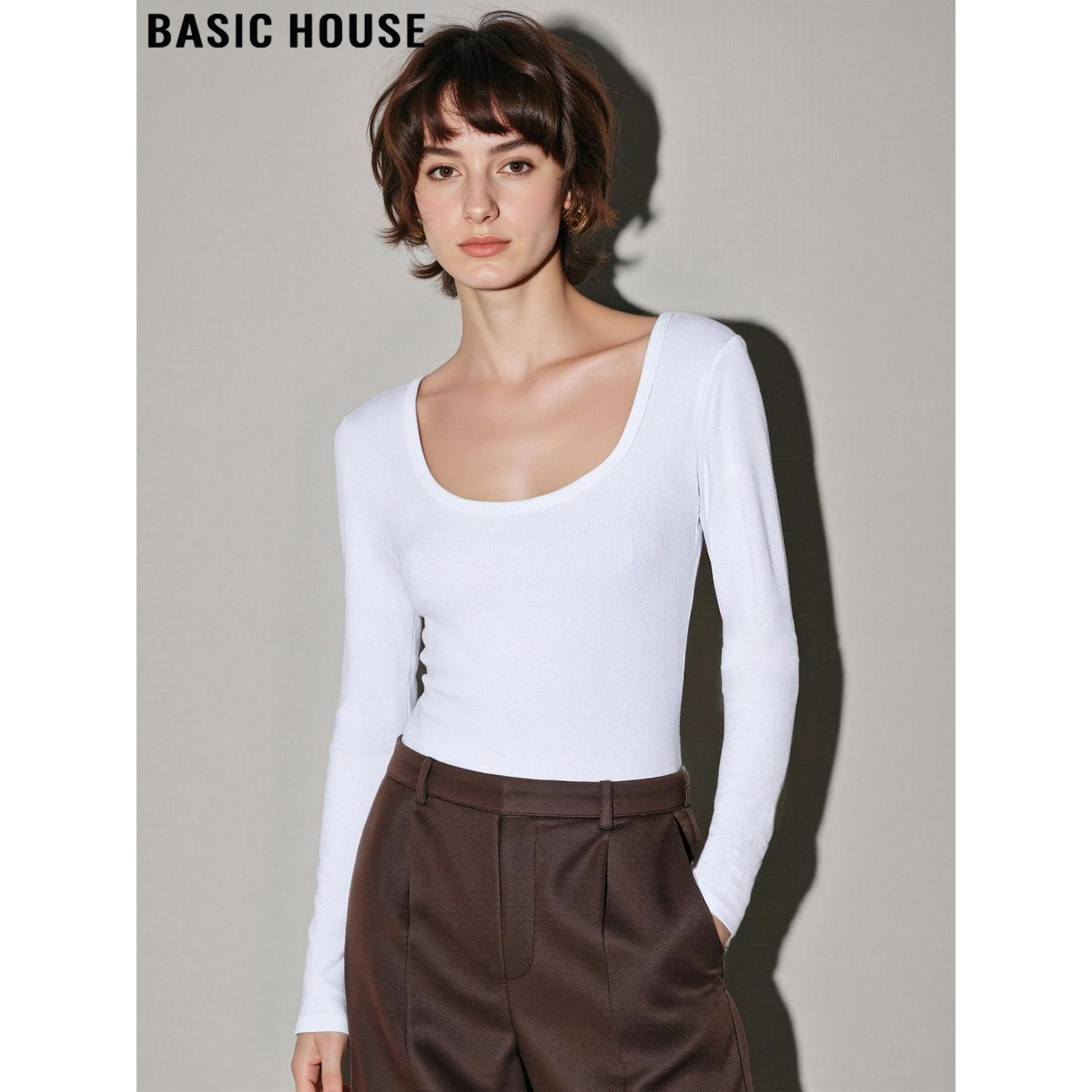 百家好大领口白色长袖打底衫女