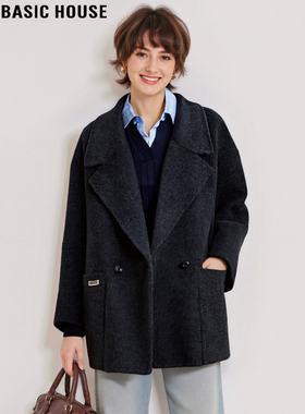 Basic House/百家好100%羊毛英伦风毛呢外套女冬小个子双面呢大衣