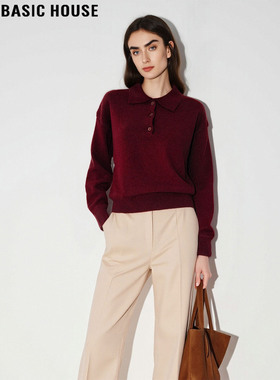 Basic House/百家好红色翻领针织衫女2026春季新款含羊毛软糯毛衣